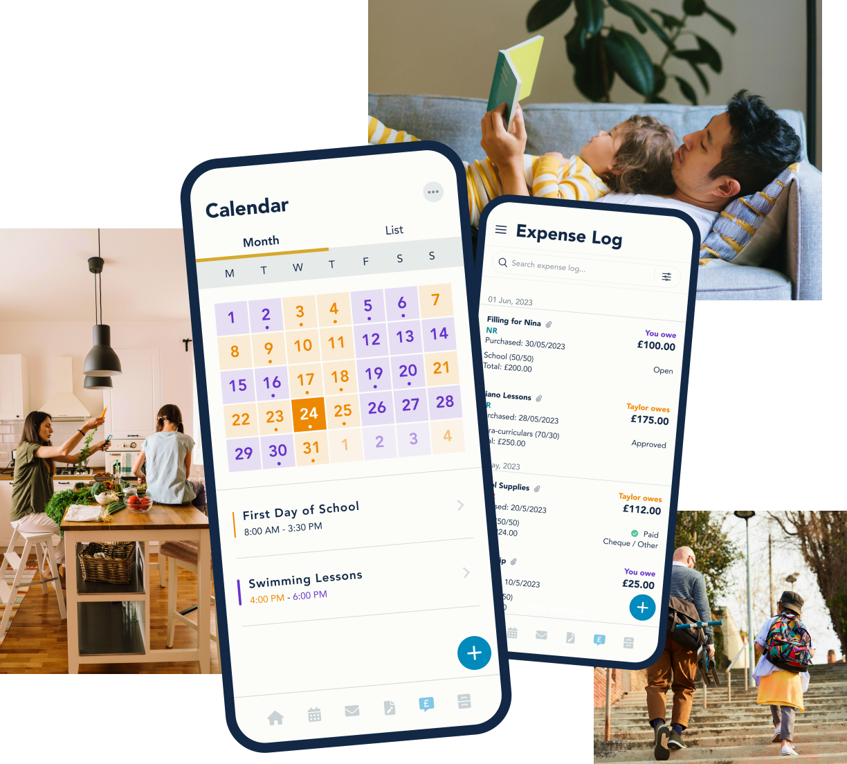 OurFamilyWizard app showing the Calendar and Expense Log