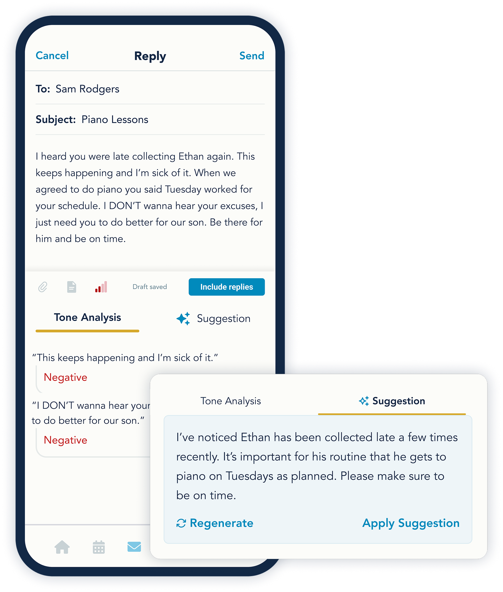 Example of the user experience of ToneMeter AI in the OurFamilyWizard app providing tone analysis and an AI-generated message rewrite suggestion