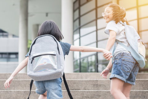 Sisters walk hand-in-hand up the stairs of their school
