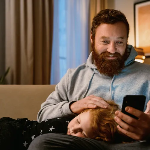 Dad holding phone with son on couch.