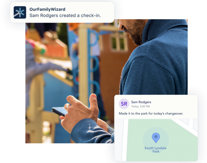 A man looks at his smartphone to create a GPS-verified Check-in entry in the OurFamilyWizard Journal