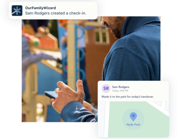 Father checks his phone while at a park next to images of the OurFamilyWizard app