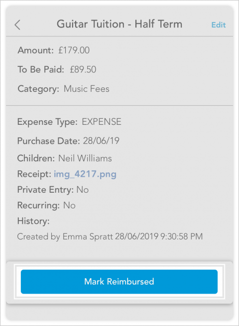 Mark Expense as Reimbursed