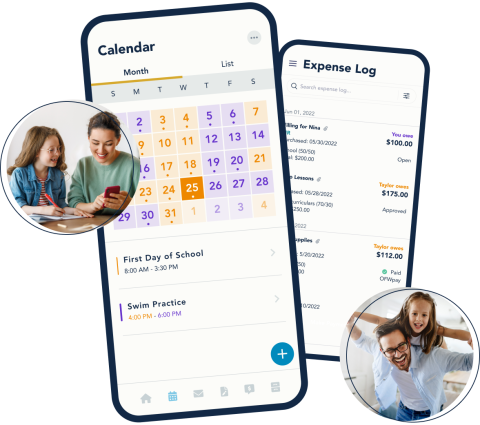 Images of the OurFamilyWizard app's features for calendaring and expense tracking next to two images of parents and children.