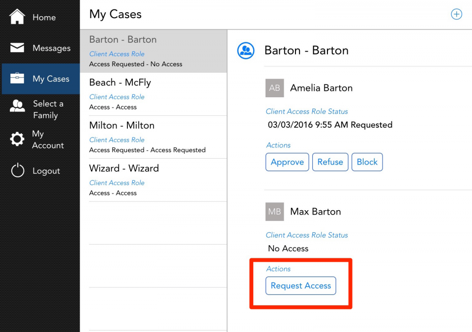 You can request access to the other parent of a family through your My Cases tab