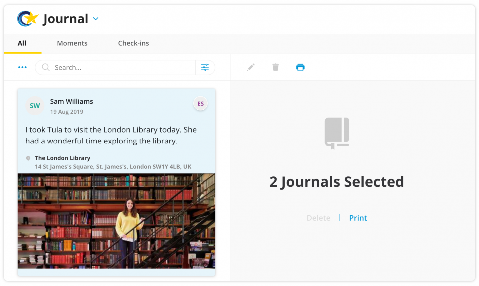 Select multiple entries directly from your journal feed to print them in a single report.