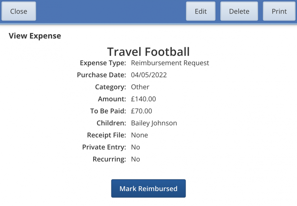 T&T - Parents I Website - Edit/Delete Expense UK